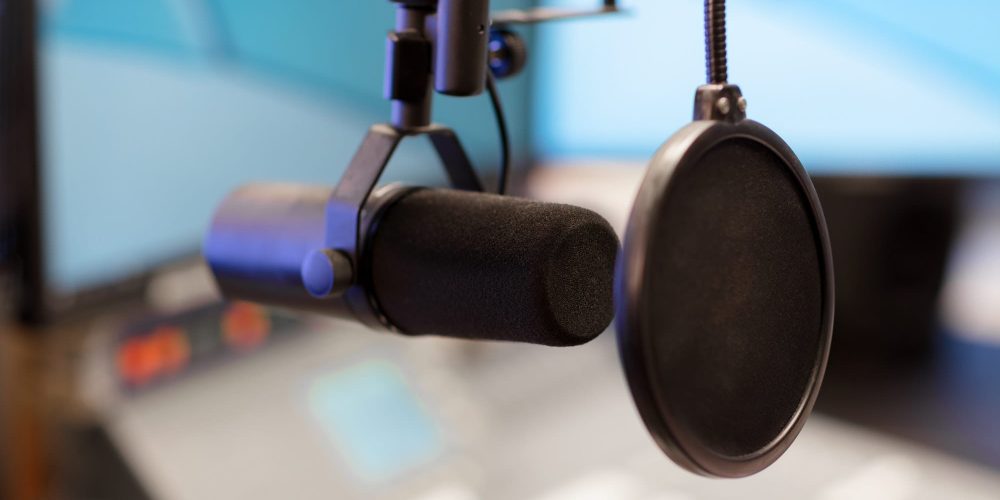 Microphone in modern radio station broadcasting studio microphone for gaming streaming